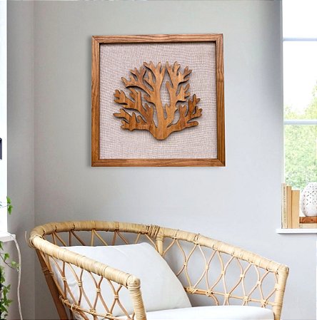 Quadro Coral Náutico com Linho 45x45 em Madeira