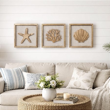 Kit com 3 Quadros Coral, Estrela e Concha 45x45 em Madeira
