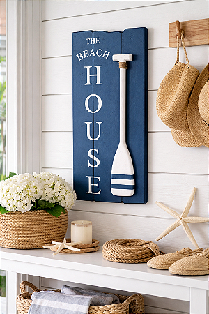 Quadro Decorativo The Beach House Fundo Azul Decoração de Praia