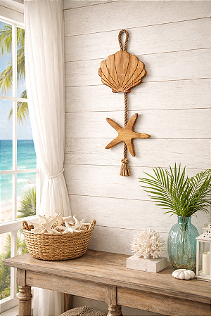 Enfeite Náutico Concha e Estrela em Madeira com Corda