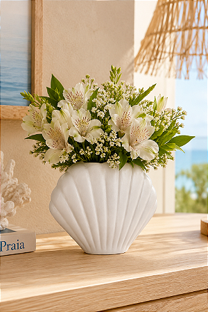 Vaso Decorativo Concha Shell Branco 13,5x16,5x7 em Cerâmica