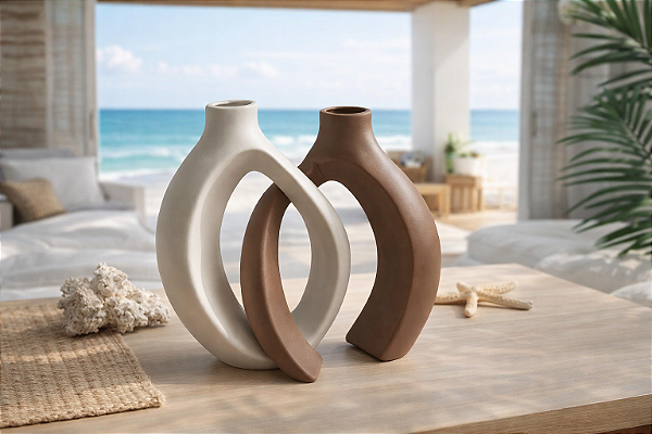 Kit 2 Vasos Encaixe Off-white e Marrom em Cerâmica