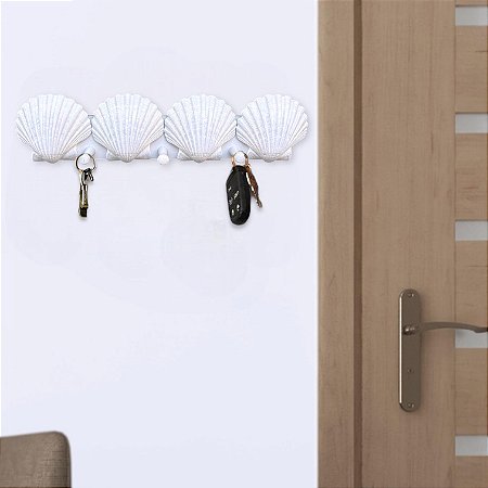 Cabideiro e Porta-chaves Conchas Branco em Madeira e Resina 39x9,5x5,5 cm