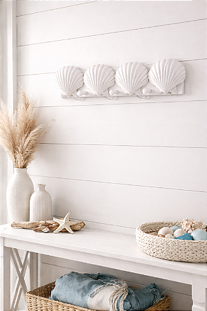 Cabideiro e Porta-chaves Conchas Branco em Madeira e Resina 39x9,5x5,5 cm