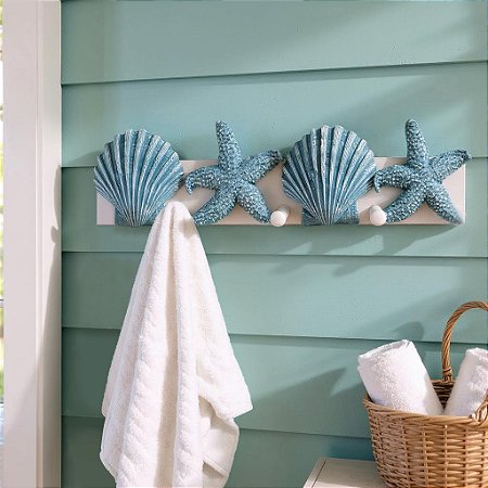Cabideiro e Porta-chaves Conchas e Estrelas Branco e Azul em Madeira e Resina 39x9,5x5,5 cm