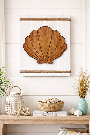 Quadro Náutico Branco Concha em Madeira Decoração Náutica Praia