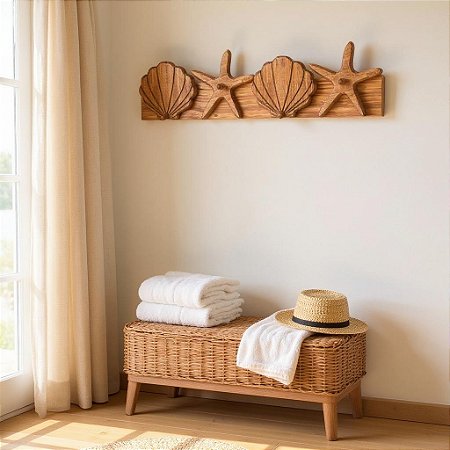 Cabideiro Conchas e Estrela Marrom em Madeira 66x17x9 cm