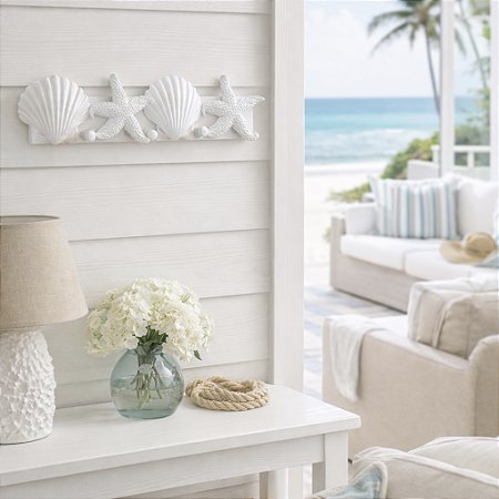 Cabideiro e Porta-chaves Conchas e Estrelas Branco em Madeira e Resina 39x9,5x5,5 cm