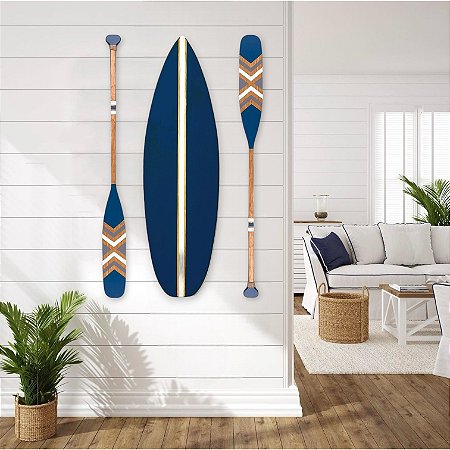 Kit Prancha + 2 Remos 100 cm Azul Marinho com Cinza Decoração Náutica Praia