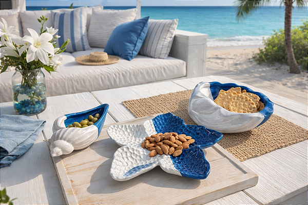 Kit 3 Peças Conchas e Estrela Branca e Azul em Cerâmica