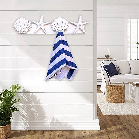 Cabideiro Conchas e Estrela Branco em Madeira 66x17x9 cm