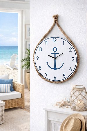 Relógio Náutico Branco Âncora em Madeira com Corda