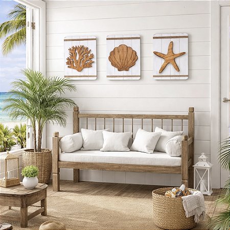 Kit 3 Quadros Náuticos Concha, Estrela e Coral em Madeira Decoração Náutica Praia