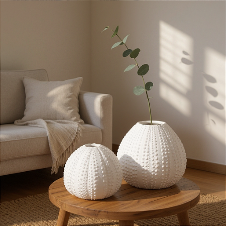 Conjunto 2 Vasos Ouriço Branco em Cerâmica Decoração Náutica