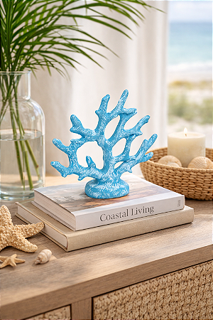 Enfeite Decorativo Coral Azul Claro em Cerâmica 18,5x20x5,5 Decoração náutica