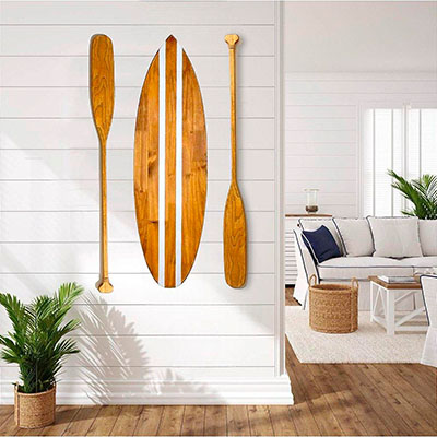 Kit 1 Prancha + 2 Remos de 130 cm em Madeira Decoração Náutica Praia