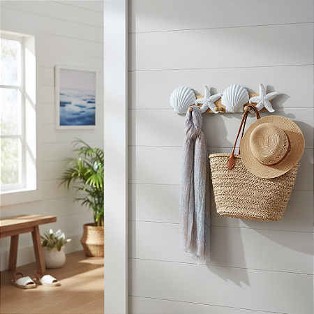 Cabideiro e Porta-chaves Conchas e Estrelas Branco em Madeira e Resina 39x9,5x5,5 cm