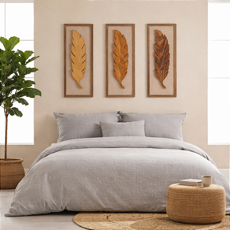 Kit 3 Quadros com Linho Folhas em Madeira 100x35cm Decoração de Parede
