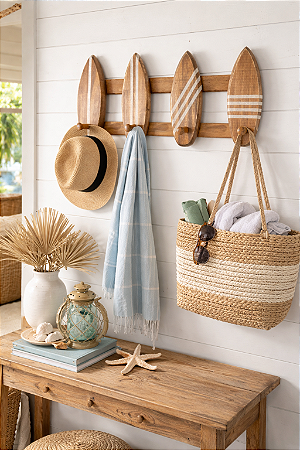 Porta Chaves e Cabideiro Pranchas Listras 40 cm Decoração Casa de Praia