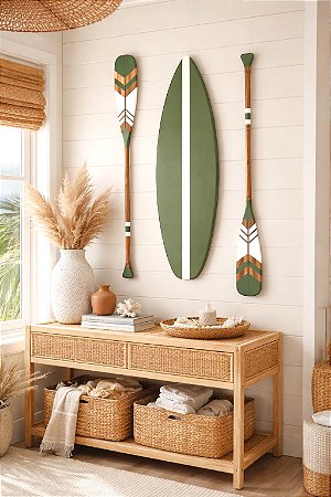 Decoração Praia Kit 1 Prancha + 2 Remos Verde de 130cm em Madeira