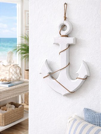 Enfeite Âncora Branca 30 cm com corda Decoração Náutica Praia