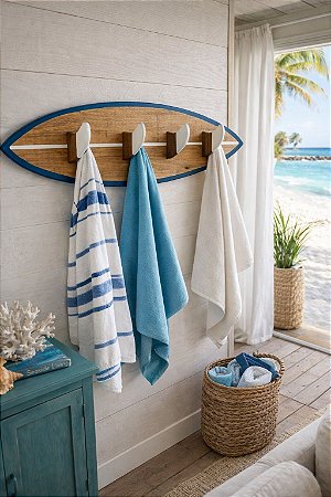 Cabideiro Prancha Azul e Branco em Madeira Decoração Náutica Praia