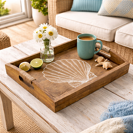 Bandeja Marrom Concha Branca em Madeira 35x25 cm Decoração Náutica Praia