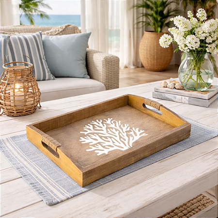 Bandeja Marrom Coral em Madeira 35x25 cm Decoração Náutica Praia