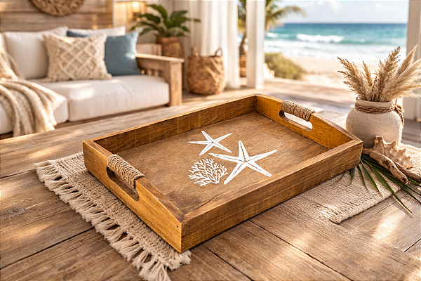 Bandeja Marrom Estrelas e Coral em Madeira 35x25 cm Decoração Náutica Praia