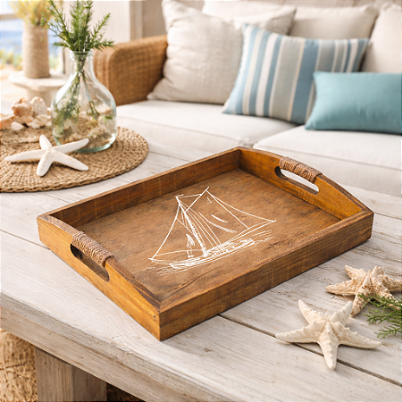 Bandeja Marrom Veleiro Branco em Madeira 35x25 cm Decoração Náutica Praia