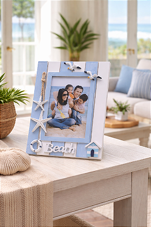 Porta Retrato Náutico Azul e Branco em Madeira 21x16x2 cm