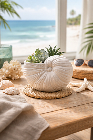 Vaso Concha Nautilus Branco em Cerâmica 11x13x8,5 cm