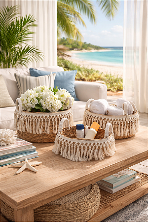 Kit com 3 Cestos Decorativos em Palha com Alças Brancas