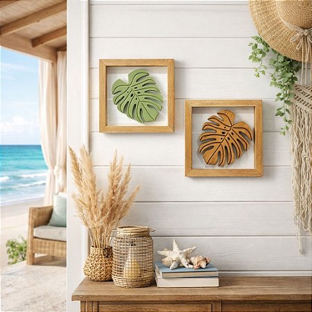 Kit 2 Quadros Folhas em Madeira 20x20x4