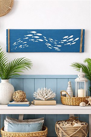 Quadro Azul Cardume Decoração Náutica Praia 70x24x2 cm