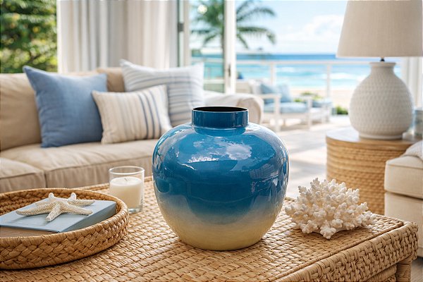 Vaso Decorativo Redondo Azul e Bege 21 cm em Metal