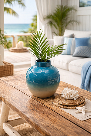 Vaso Decorativo Redondo Azul e Bege 27 cm em Metal