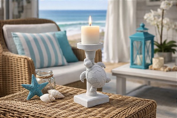 Castiçal Branco Tartaruga 20 cm em Resina