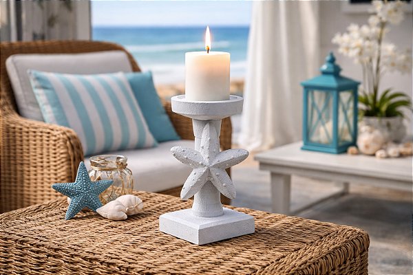 Castiçal Branco Estrela 20 cm em Resina