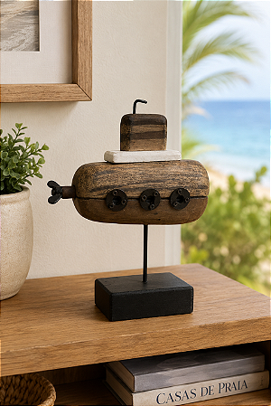 Enfeite Submarino Rústico em Madeira 17x14x6 cm