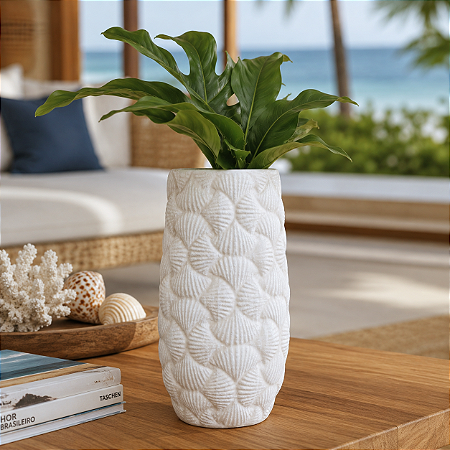 Vaso Texturizado Conchas Branco em Cerâmica 28x15x15 cm