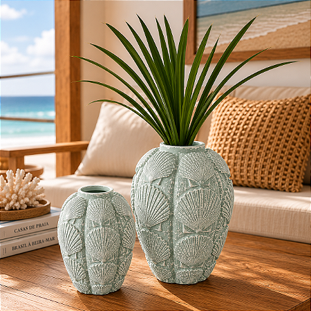 Vaso Decorativo Conchas Grande Verde Claro em Cerâmica 23x15x15 Decoração Náutica Praia