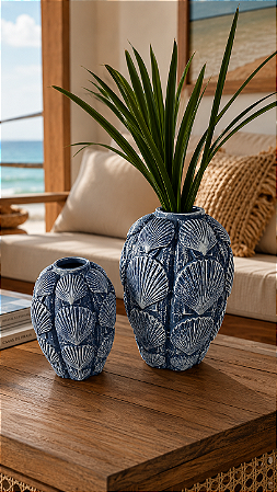 Vaso Decorativo Conchas Grande Azul Marinho em Cerâmica 23x15x15 Decoração Náutica Praia