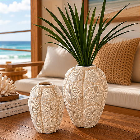 Vaso Decorativo Conchas Médio Bege em Cerâmica 20x15x15 Decoração Náutica Praia