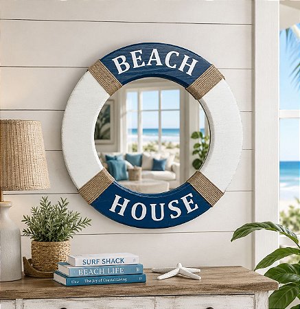 Espelho Beach House Azul e Branco 45x45x4 cm