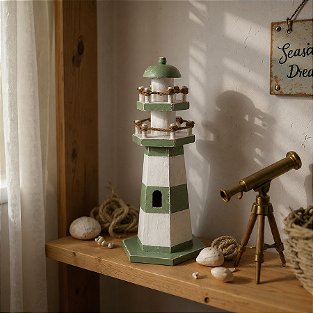 Farol Decorativo Verde e Branco em Madeira 27x11x11