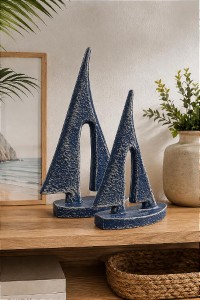 Kit 2 Enfeites Veleiro Azul Marinho em Cerâmica