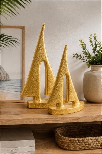 Kit 2 Enfeites Veleiro Dourado em Cerâmica