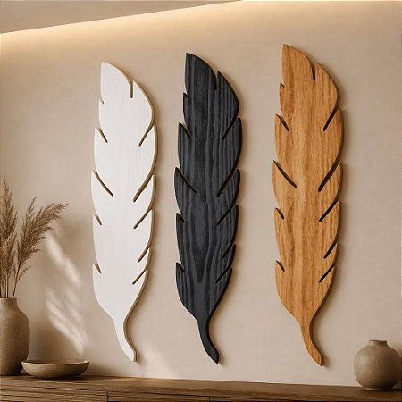 Kit 3 Folhas Preto, Branco e Marrom 81x18x2cm em Madeira
