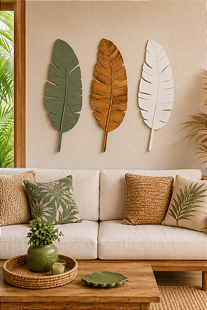 Kit 3 Folhas Bananeira Verde, Marrom e Branca 80x29x2cm em Madeira